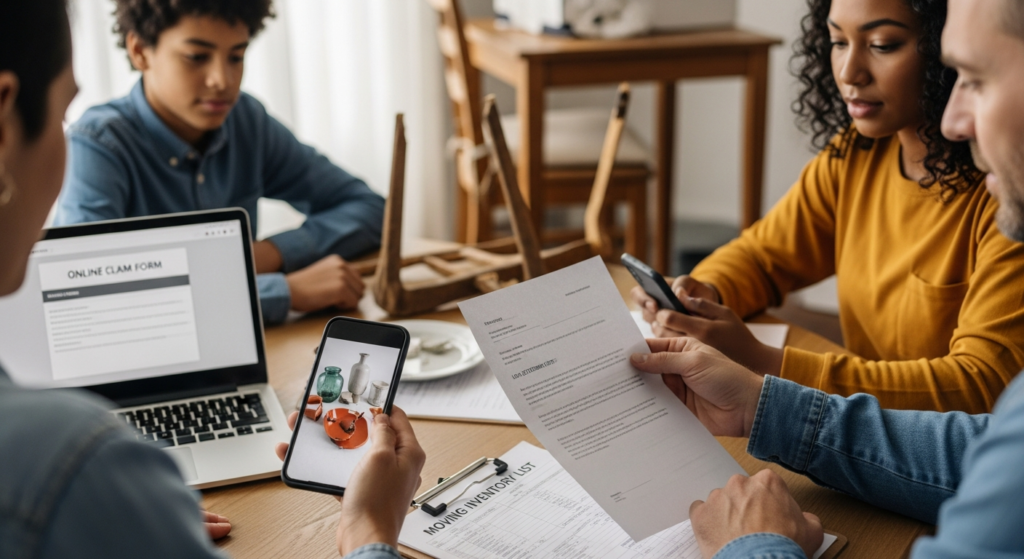 Family reviewing a lowball moving claim offer with damage photos and paperwork