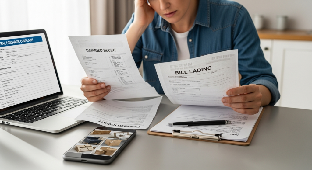 Consumer preparing an FMCSA complaint with moving paperwork and photos of damage