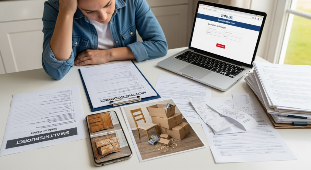 Consumer preparing small claims court paperwork against a moving company with photos of damaged items and receipts