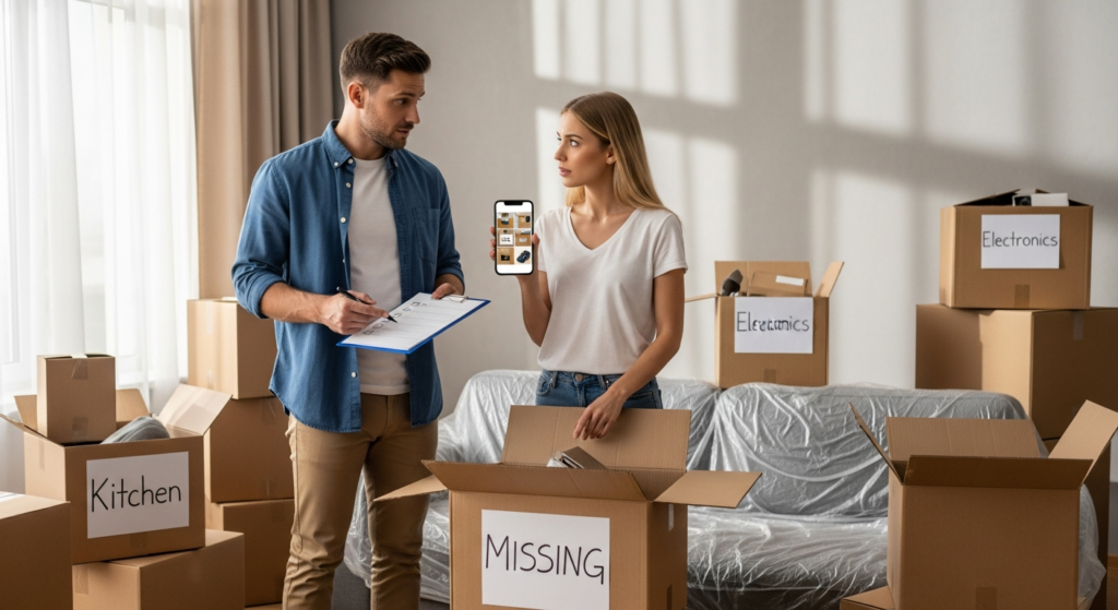Family checking inventory list after move and noticing missing boxes