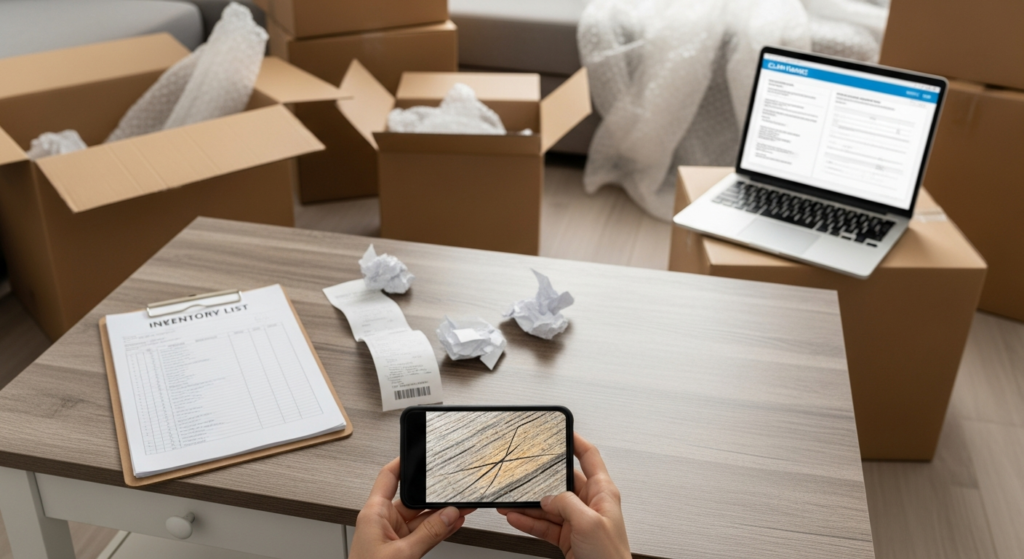 Person photographing damaged furniture next to inventory list and moving receipts