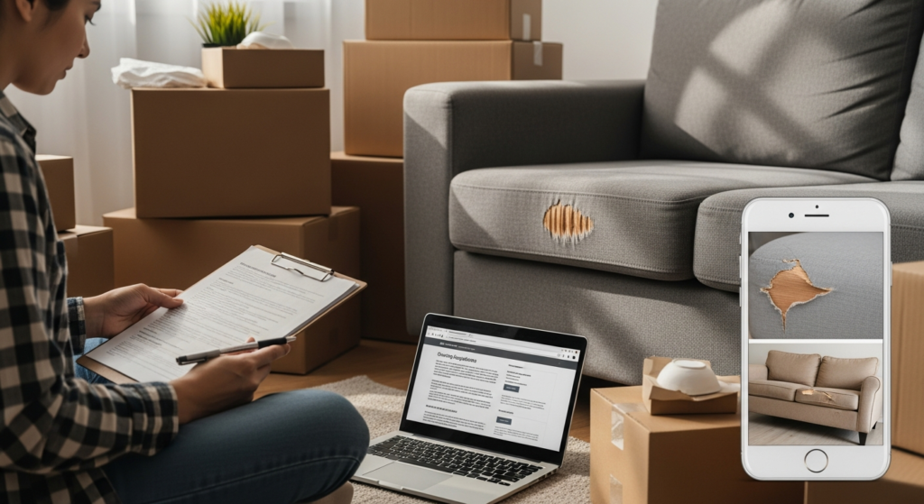 Consumer comparing interstate and local moving claim paperwork next to damaged furniture