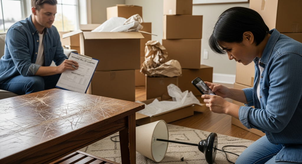 Consumer photographing damaged furniture and reviewing moving paperwork to file a claim