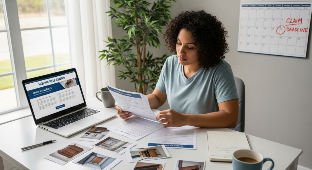 Consumer reviewing moving claim paperwork and deadlines at a kitchen table
