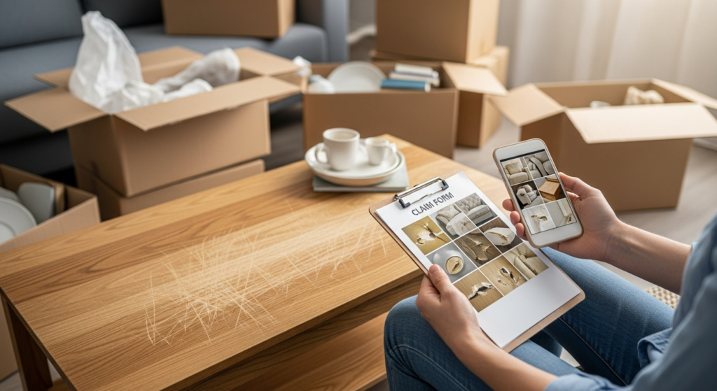 Consumer reviewing damaged furniture and claim paperwork after a move