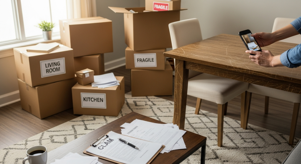 Homeowner photographing concealed damage on a table after a move with claim paperwork nearby