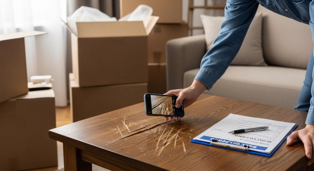 Person photographing scratched table and boxes while reviewing moving claim paperwork