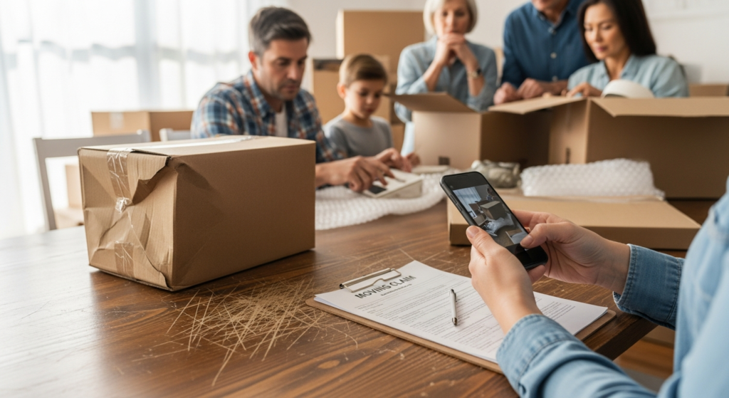 Person photographing damaged furniture and boxes while filling out moving claim paperwork