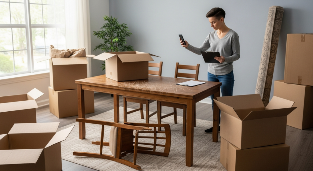 Homeowner photographing scratched wooden table for a damage claim after a move