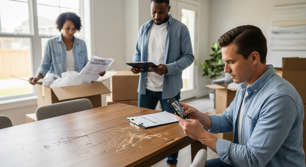 Person photographing damaged furniture and boxes while reviewing moving paperwork