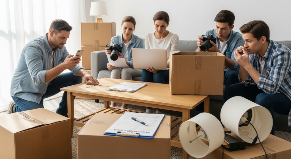 Family documenting damaged furniture and boxes for a moving claim