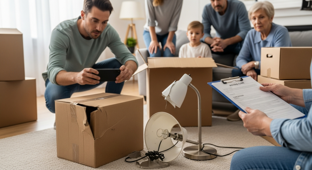 Person photographing damaged boxes and furniture while completing moving claim paperwork