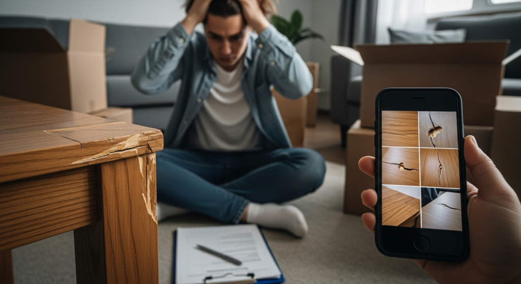 Consumer reviewing damaged furniture and moving paperwork to file a claim against movers