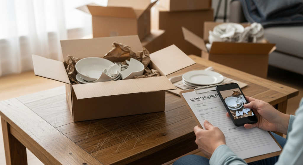 Consumer reviewing photos and paperwork to file a moving damage claim