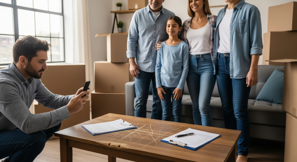 Family photographing scratched table and filling out moving damage claim paperwork in new home