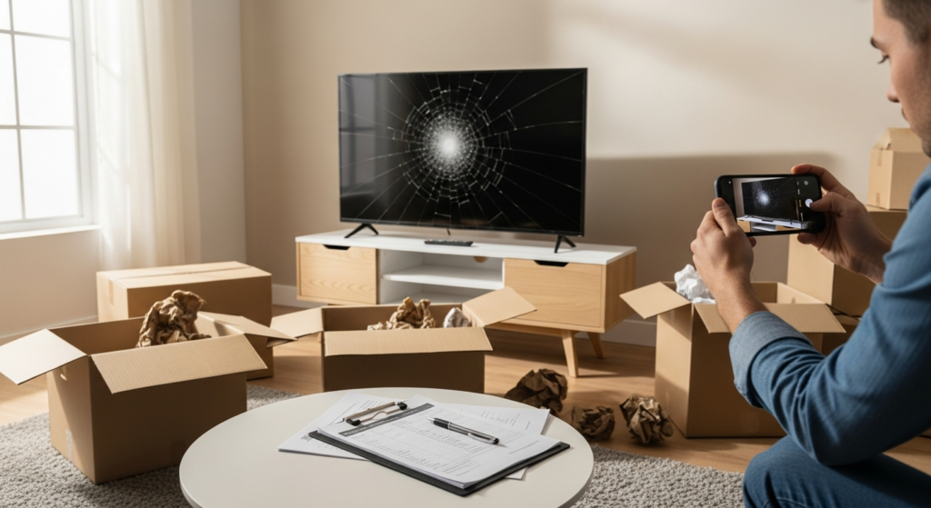 Person photographing a broken TV after a move with claim paperwork on table