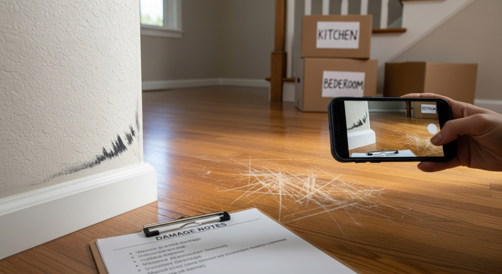 Home entryway with wall scuffs and scratched floor being documented after a move