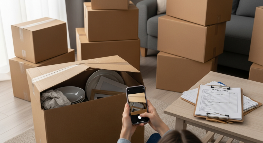 Person photographing a crushed self-packed moving box next to claim paperwork