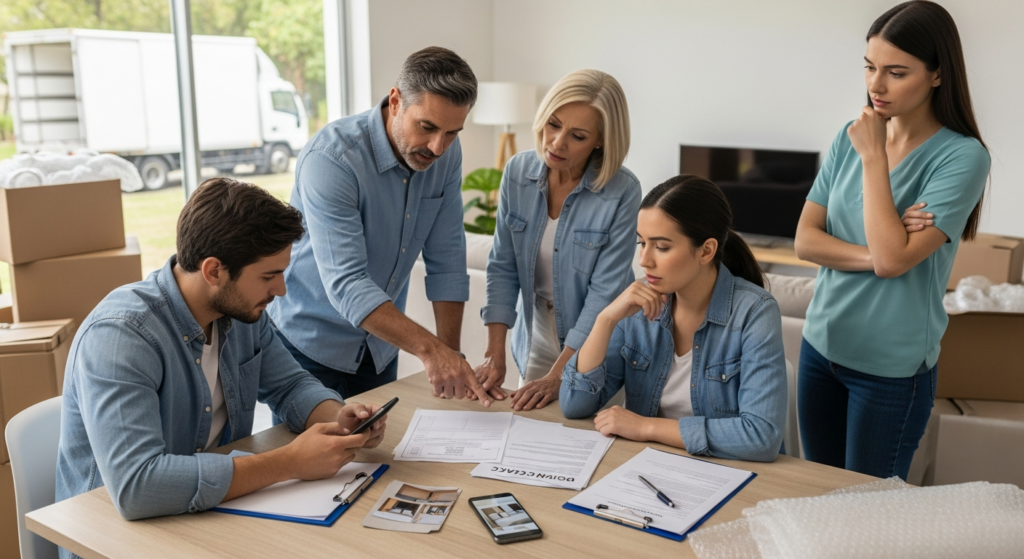Family reviewing moving paperwork and photos of damage to avoid a moving scam