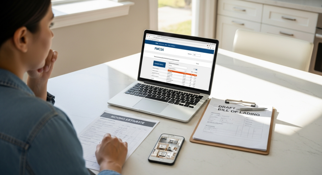 Consumer checking a mover's USDOT number on the FMCSA website before hiring