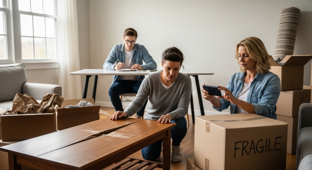 Family documenting damaged furniture and boxes after a move