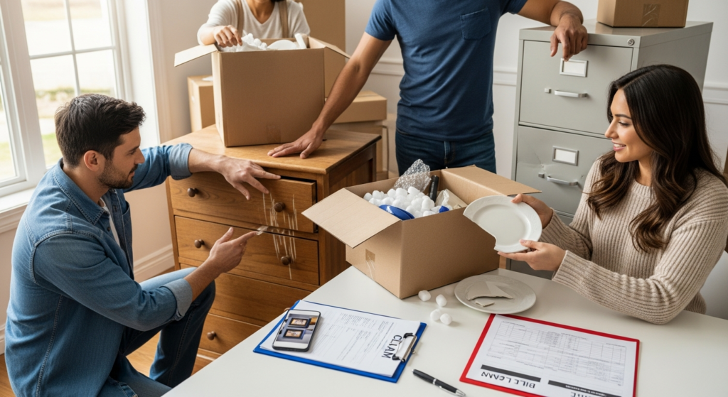 Homeowner photographing damaged furniture and boxes while reviewing moving claim paperwork
