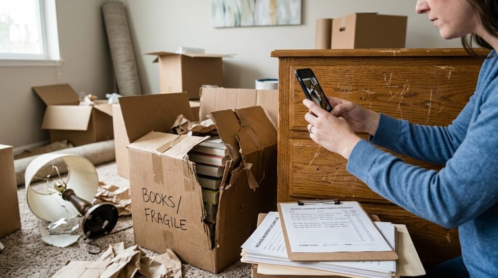 Person photographing damaged furniture and boxes while organizing moving claim paperwork on a clipboard