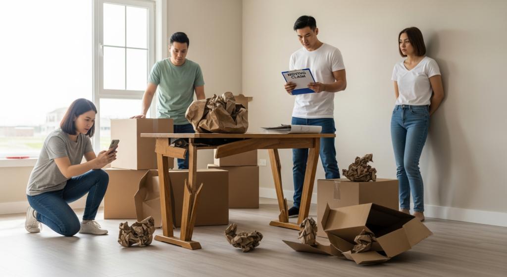 Person photographing damaged furniture and boxes while filling out moving claim paperwork