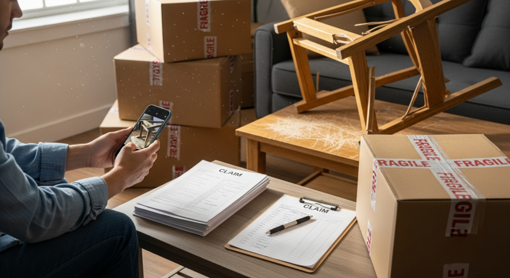 Consumer photographing damaged furniture and filling out moving claim paperwork