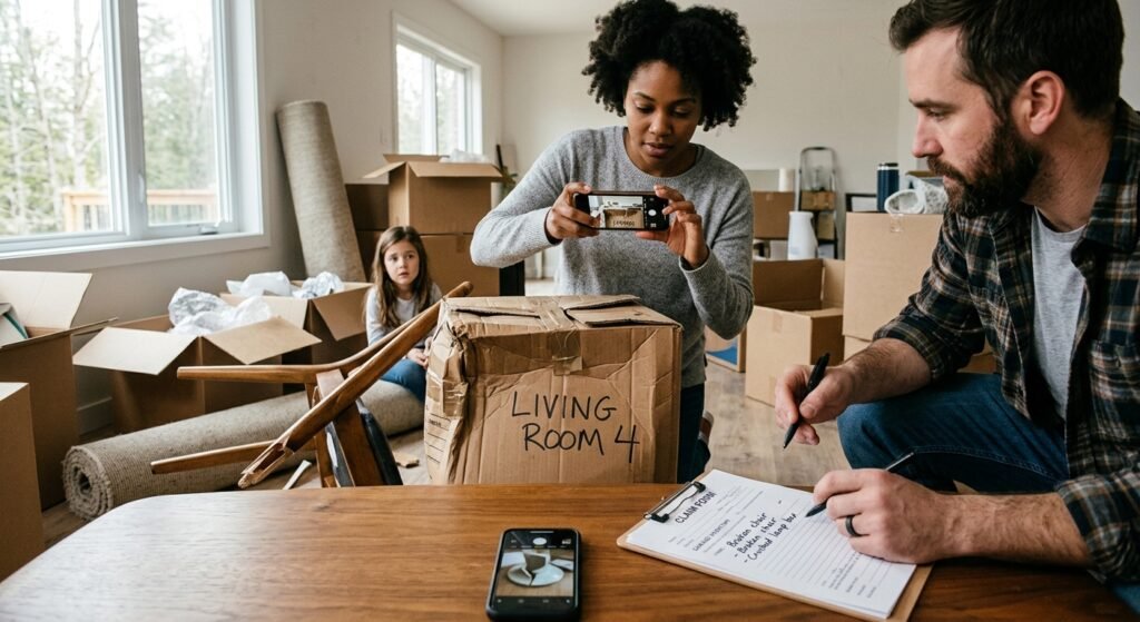 Person photographing damaged furniture and boxes next to moving paperwork