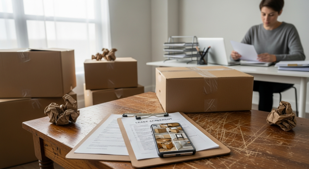 Consumer organizing photos, receipts, and paperwork for a moving damage claim file