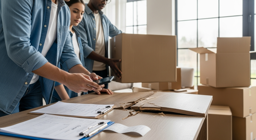 Person photographing damaged furniture and boxes while preparing a moving company claim