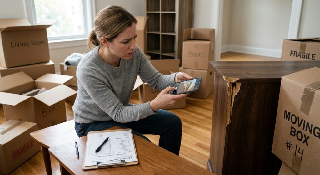 Person photographing damaged furniture and boxes while preparing a moving damage claim