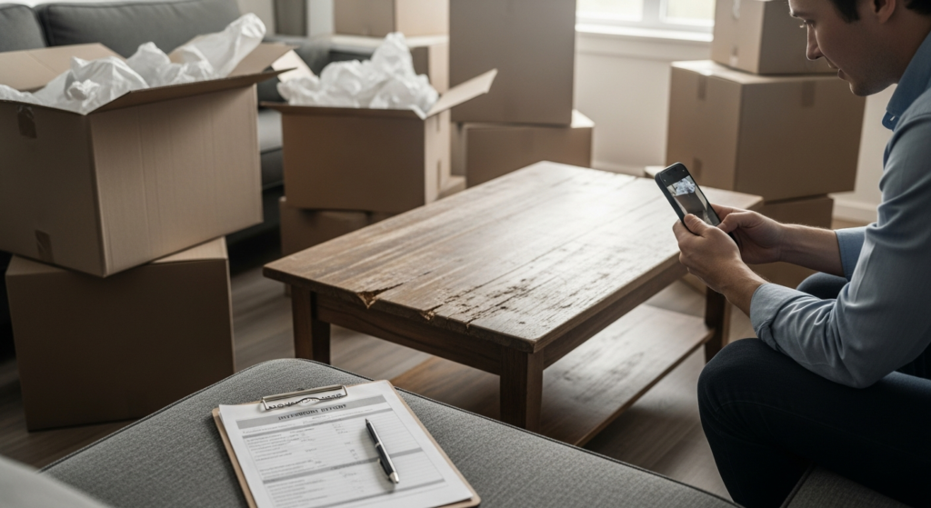 Consumer photographing scratched table and damaged boxes while reviewing moving claim paperwork