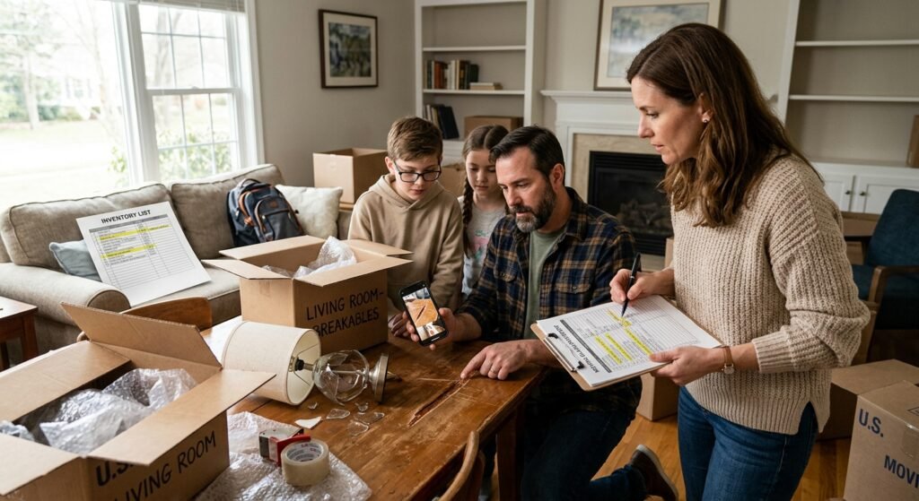 Family documenting damaged furniture and boxes after a household move