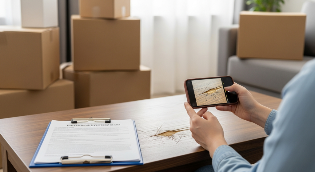 Consumer photographing damaged table and boxes while preparing a moving damage claim file