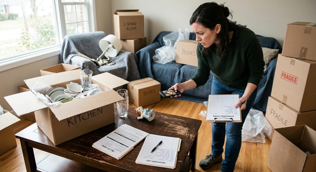 Consumer photographing scratched table and broken items after a move to document damage for a claim
