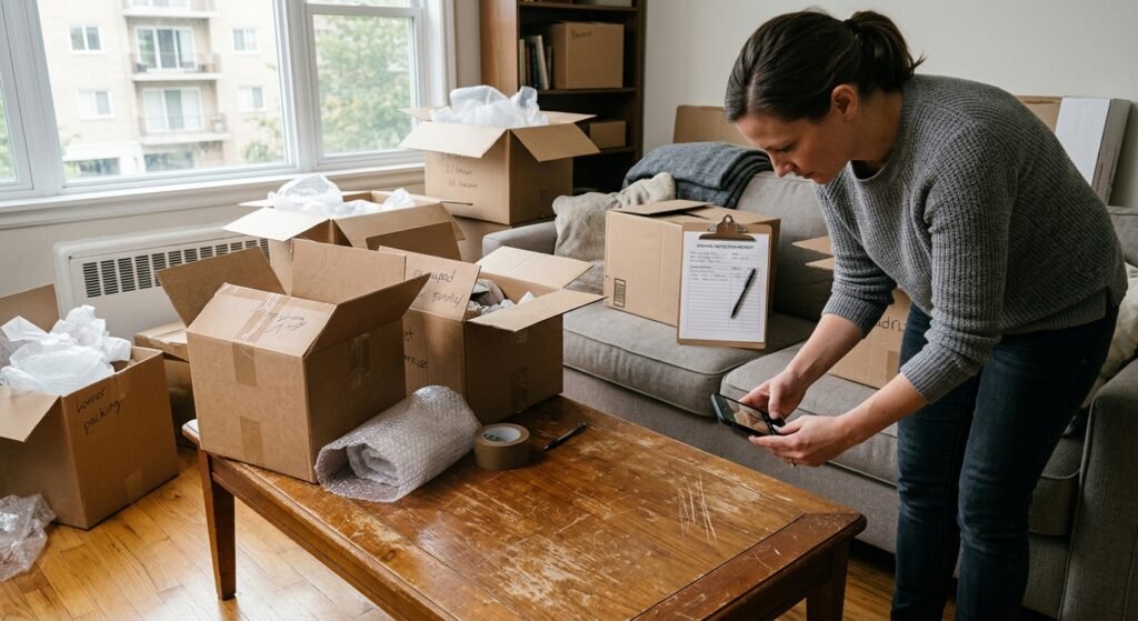 Person photographing damaged furniture and moving boxes while reviewing claim paperwork
