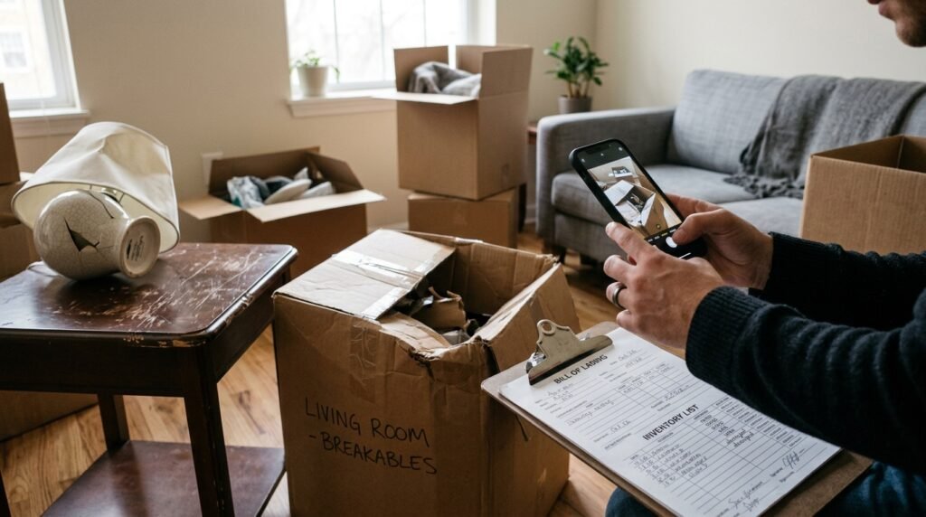 Tenant photographing damaged furniture and boxes after a move