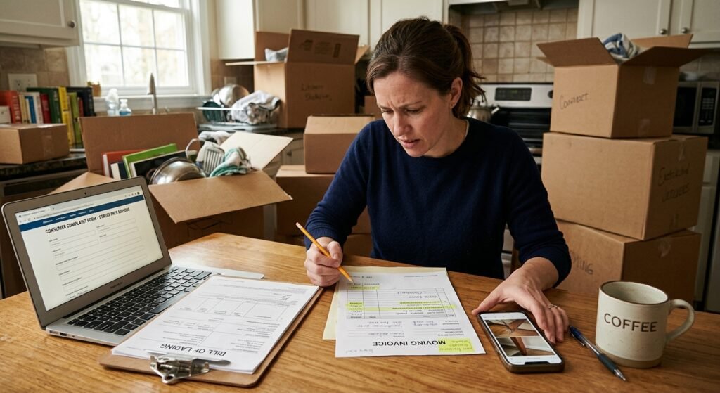 Homeowner reviewing disputed moving company bill with boxes nearby