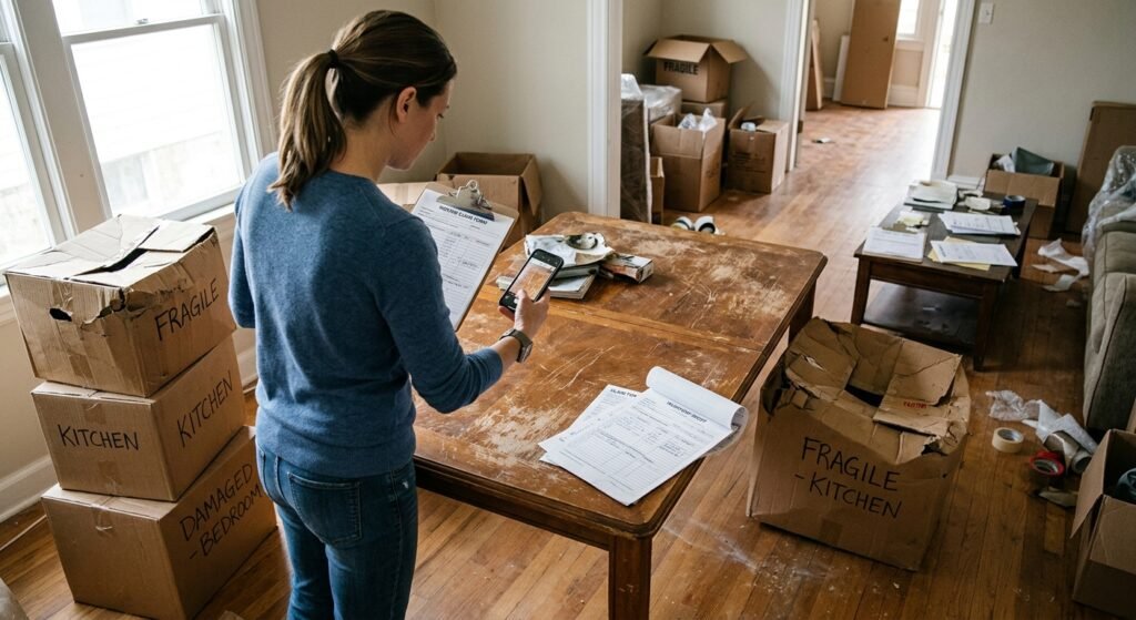 Person photographing damaged furniture and boxes while organizing moving claim paperwork