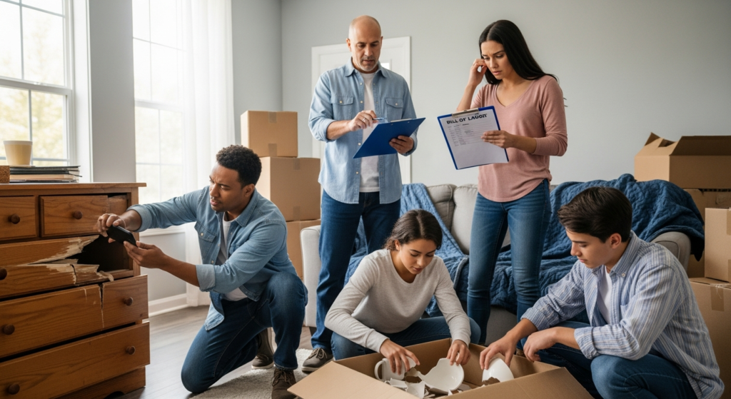 Family photographing damaged furniture and reviewing moving paperwork