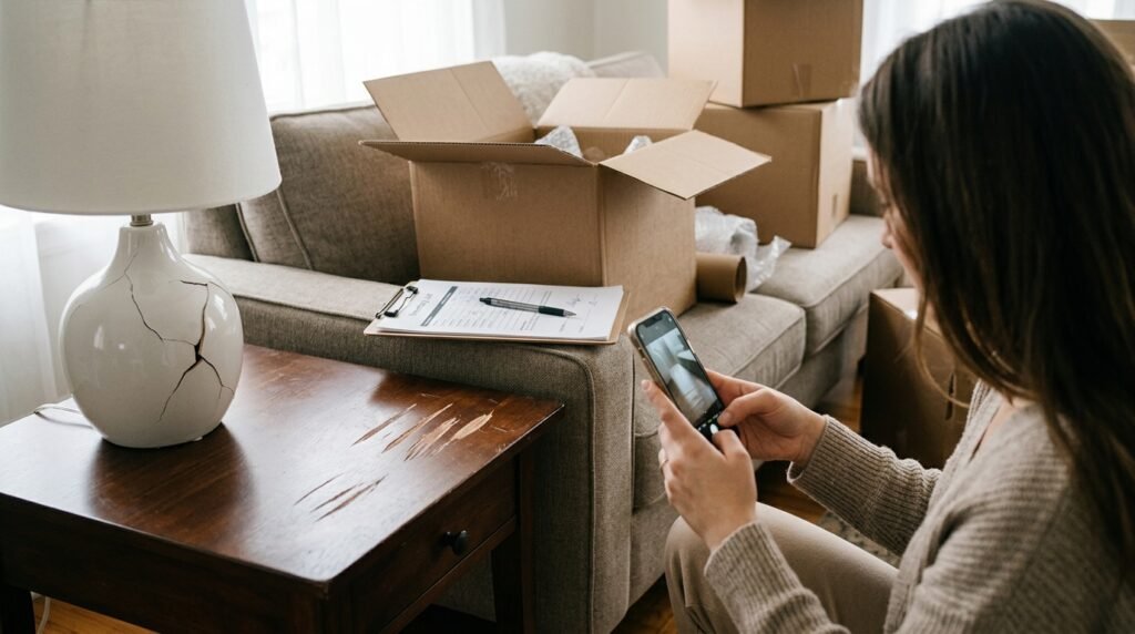 Person photographing damaged furniture next to moving boxes and claim paperwork