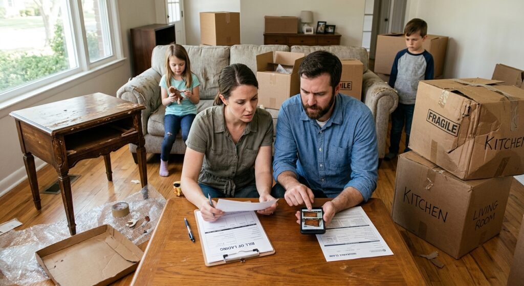 Family reviewing damaged furniture and moving claim paperwork in new home