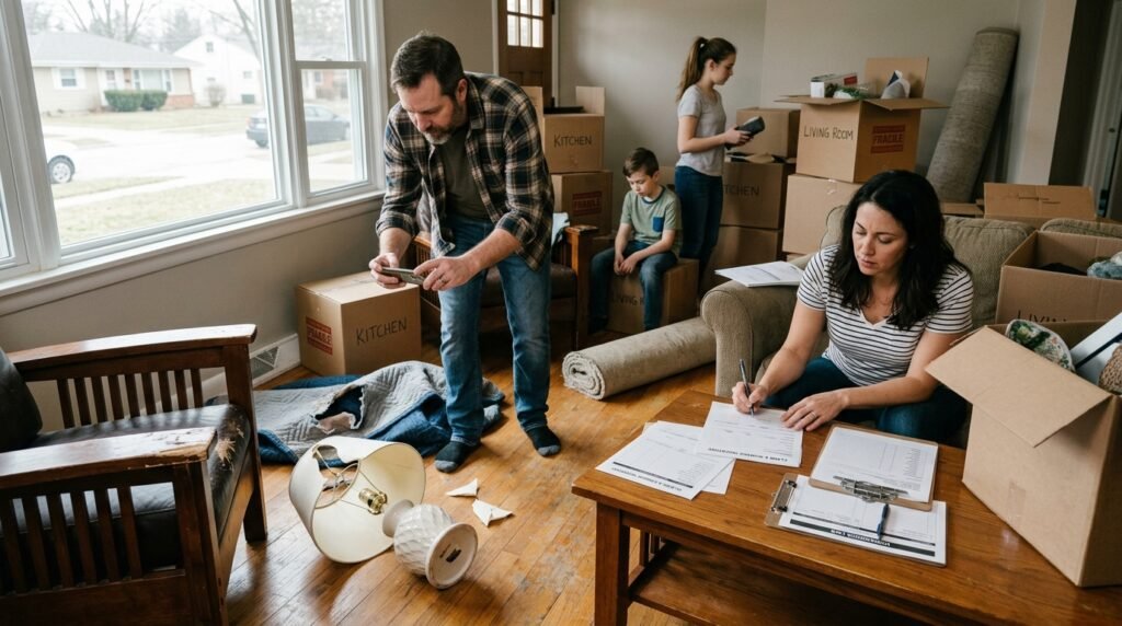 Family documenting damaged furniture after a move with claim paperwork on table