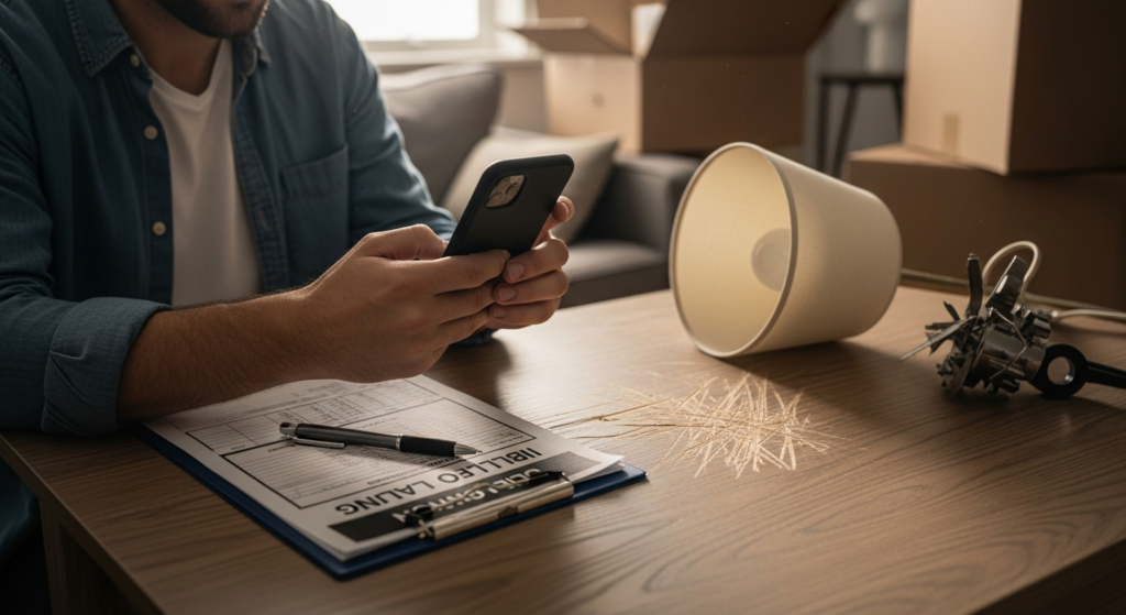 Consumer photographing scratched furniture and broken items after a move while reviewing moving paperwork