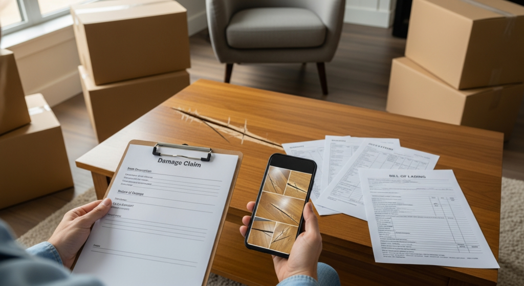 Homeowner documenting damaged furniture and boxes for a moving damage claim