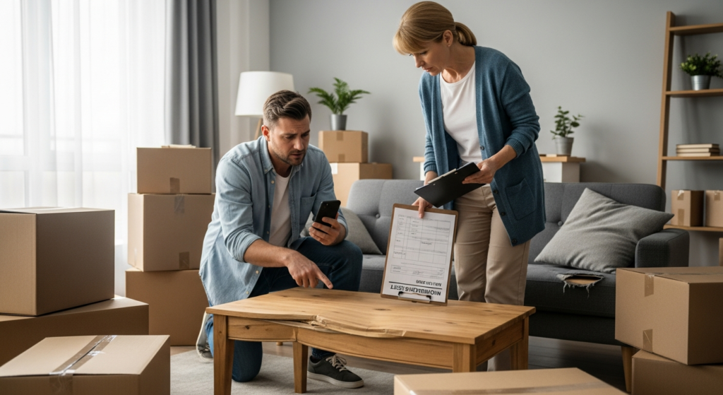 Family documenting damaged furniture and boxes after a move