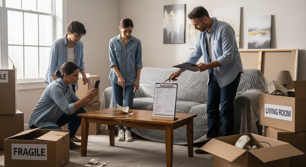 Family documenting damaged furniture and boxes for a moving company claim