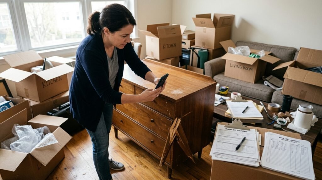 Person documenting damaged furniture and boxes after a move to file a claim